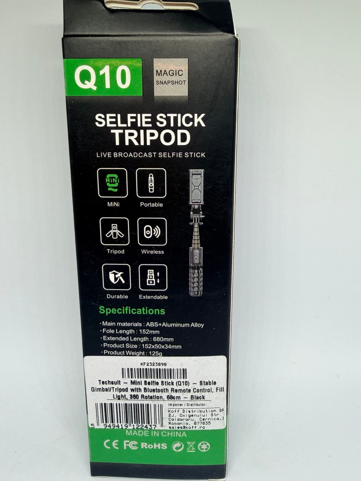 Perche à selfie Q10 avec trépied et télécommande sans fil – 360° – Noir